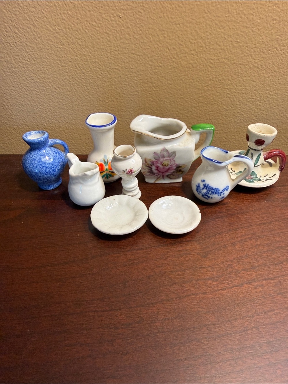 9 Mini Ceramic / Porcelain Pitchers, Candle Holder, Vases & Plates